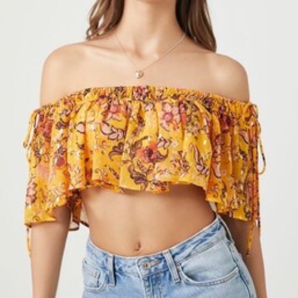 Forever 21 Women Yellow Floral Off The Shoulder Ruffle Crop Top